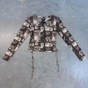 Brown & cream vintage long sleeve shirt with lace up side M size